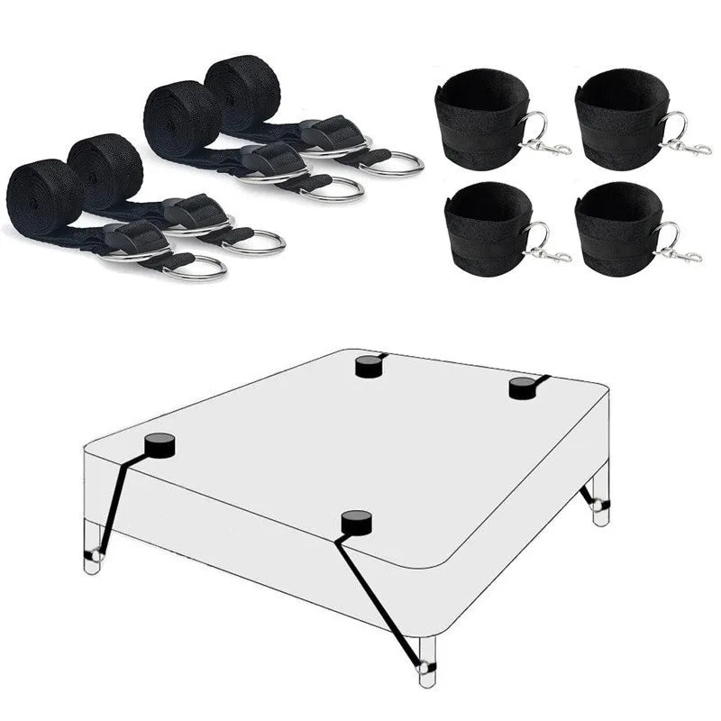 ensemble retenues lit noir tissu texturé bracelets sangles boucles réglables érotique bdsm