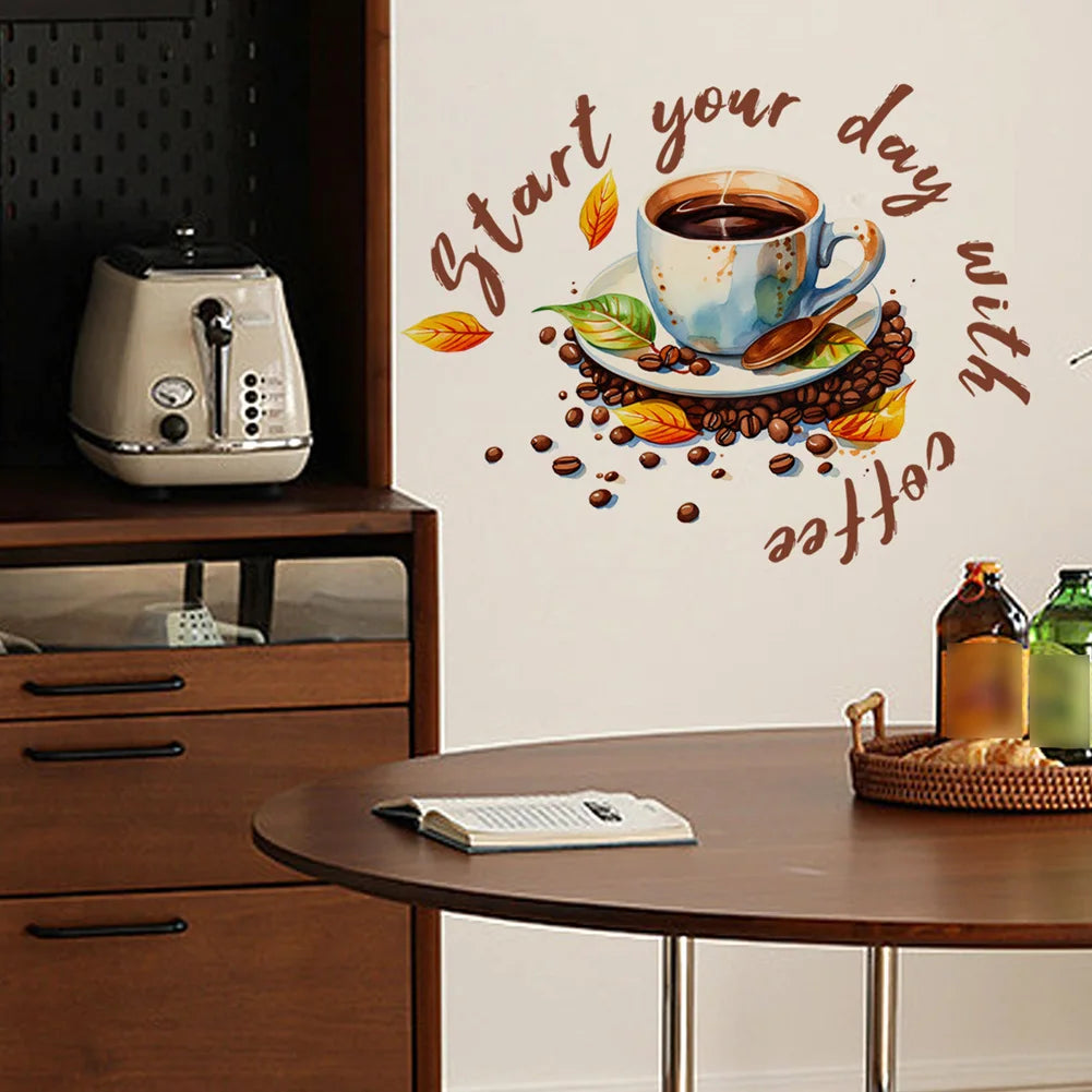 autocollant mural moderne tasse grains feuilles décoration murale adhésif opaque couleur marron beige vert