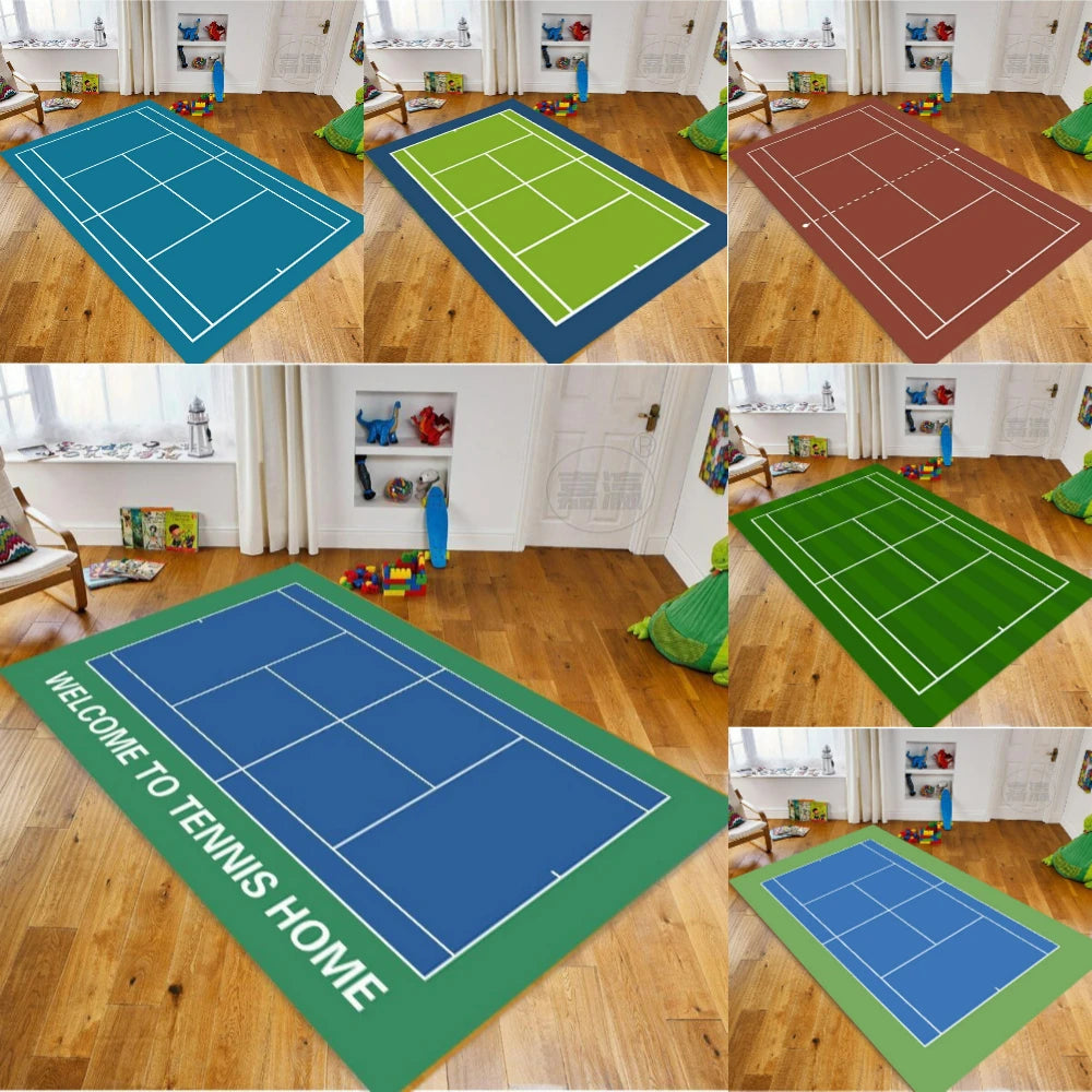 tapis salon décoratif motif terrain tennis bleu vert rouge moderne intérieur maison