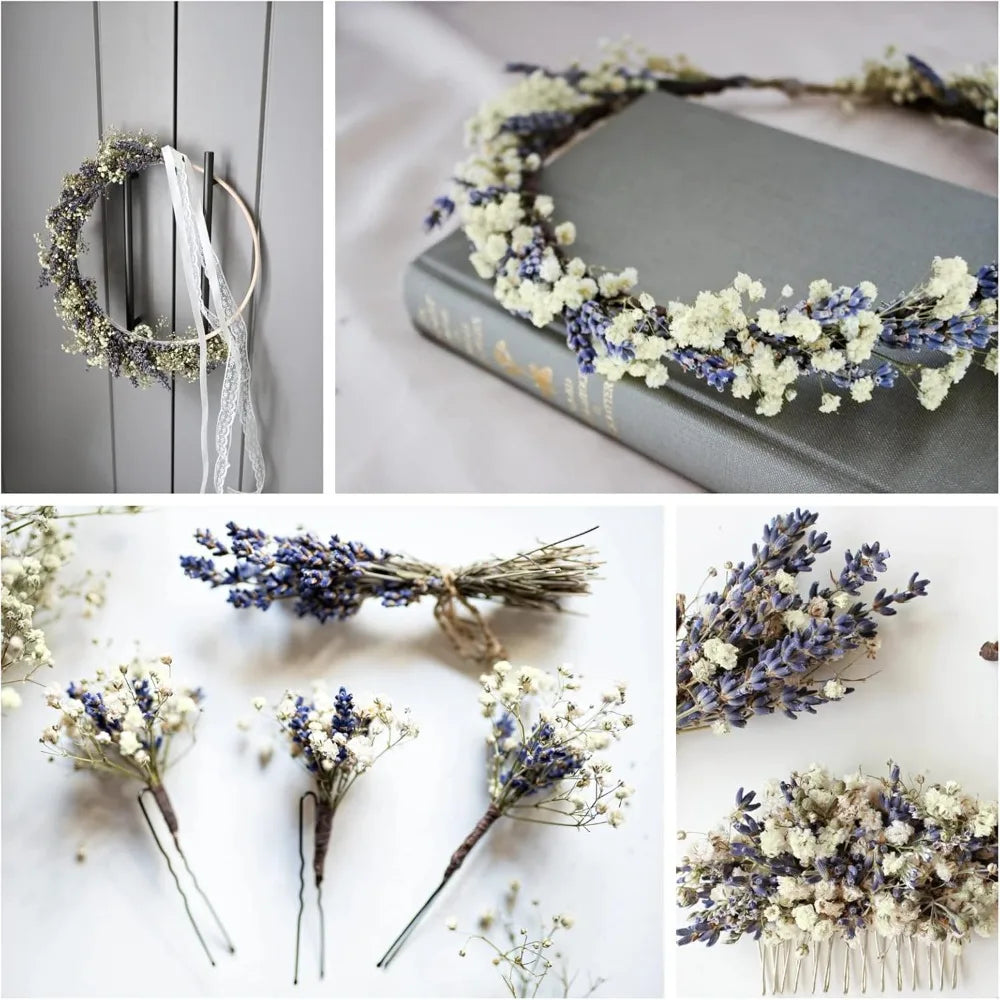 bouquets fleurs séchées lavande gypsophile decoration maison anniversaire mariage romantique violet blanc