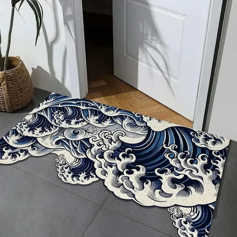 tapis sol antidérapant vagues japonaises bleu blanc moderne entrée prière exercice