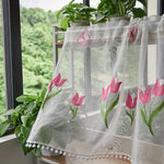 rideau brodé tulipes roses semi transparent blancs fenêtre salon cuisine