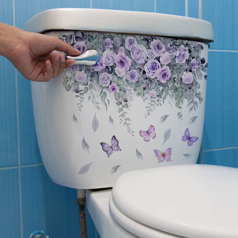 autocollant adhésif mural couvercle toilette floral blanc violet gris fleurs papillons décoration salle bains