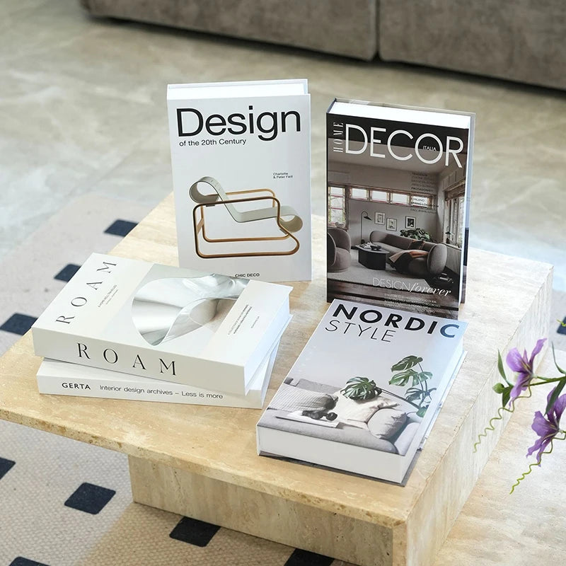 décoration intérieure livres faux blanc gris moderne minimaliste feuilles table étagère