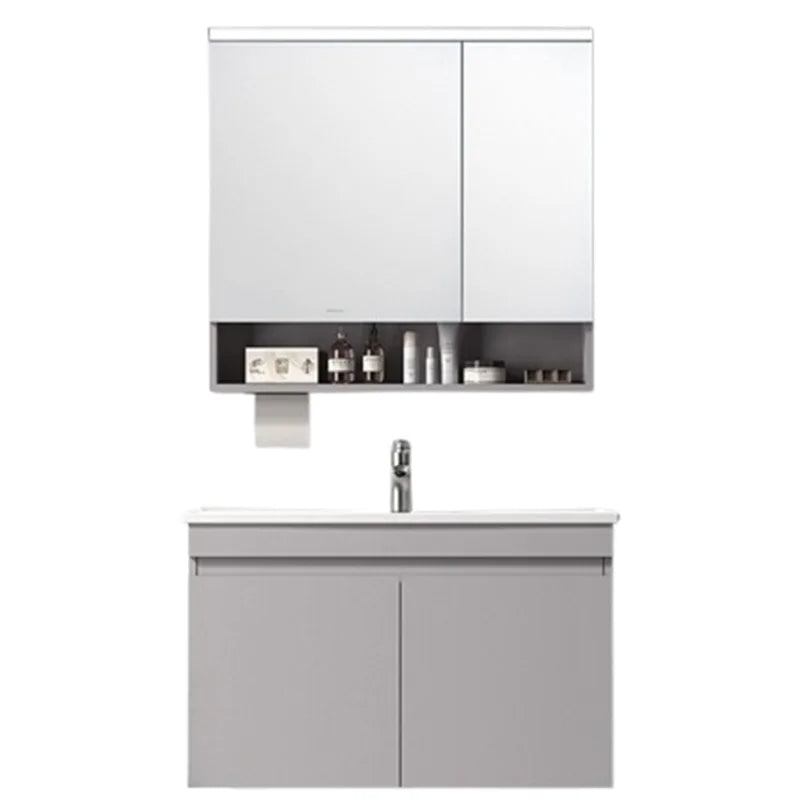 meuble salle bain moderne gris clair étagère distributeur papier toilette accessoires salle bain miroir