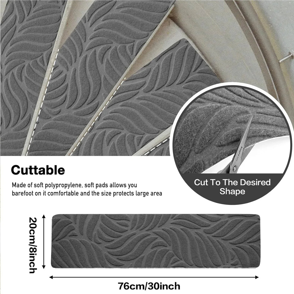 tapis d'escalier gris motif feuilles antidérapant autoadhésif intérieur 76x20cm polyester PVC
