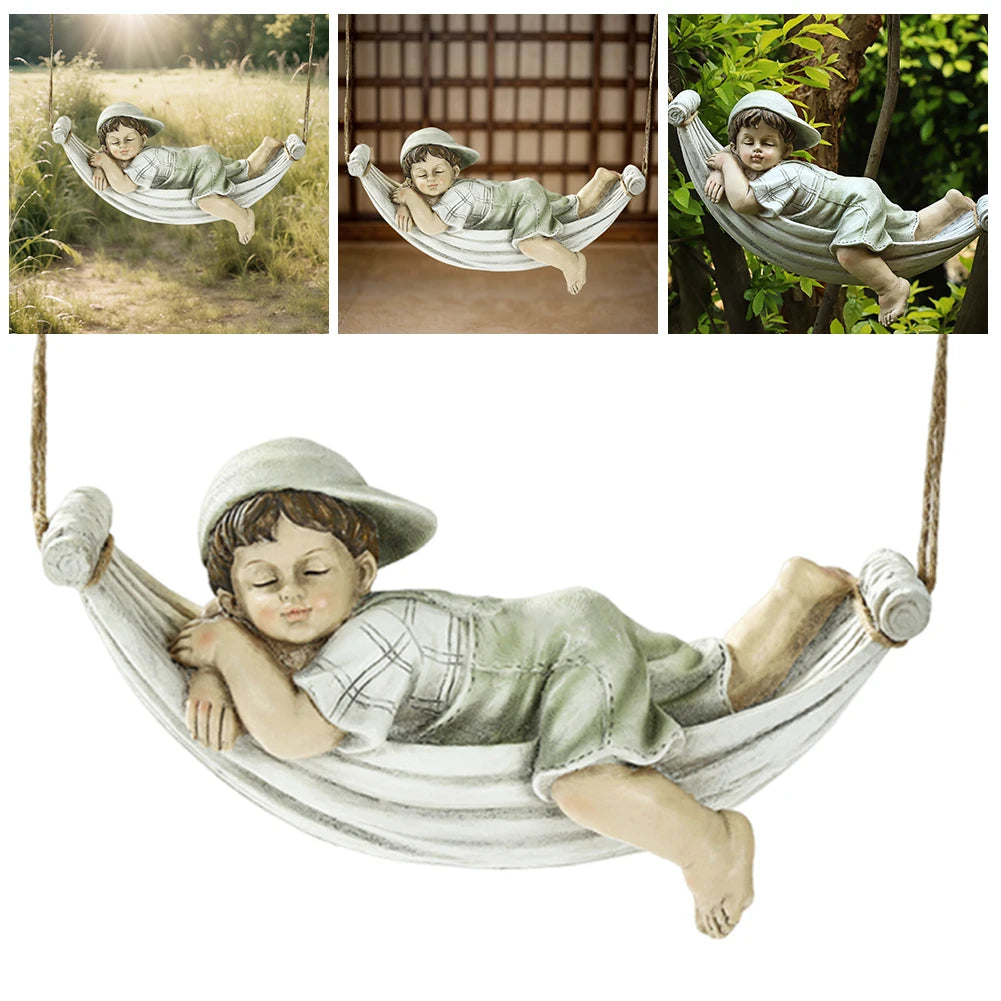 statue jardin résine enfant dormant hamac fille garçon beige blanc verte marron