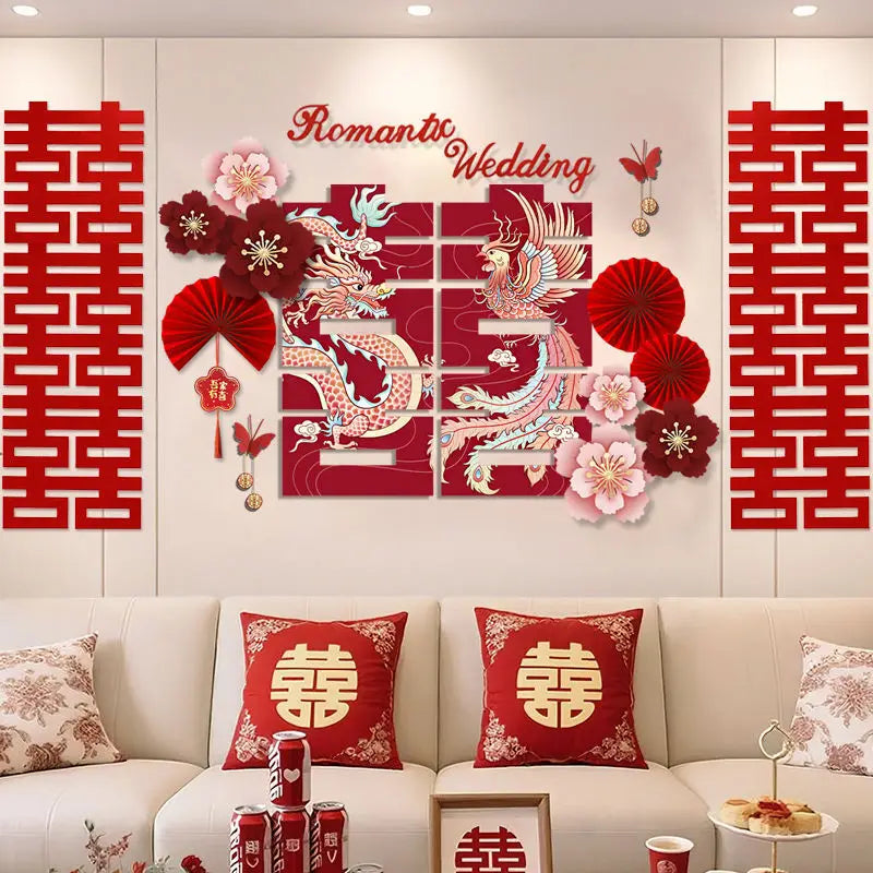 décoration mariage romantique dragon chinois fleurs cerisier papillons symboles traditionnels rouge rose blanc