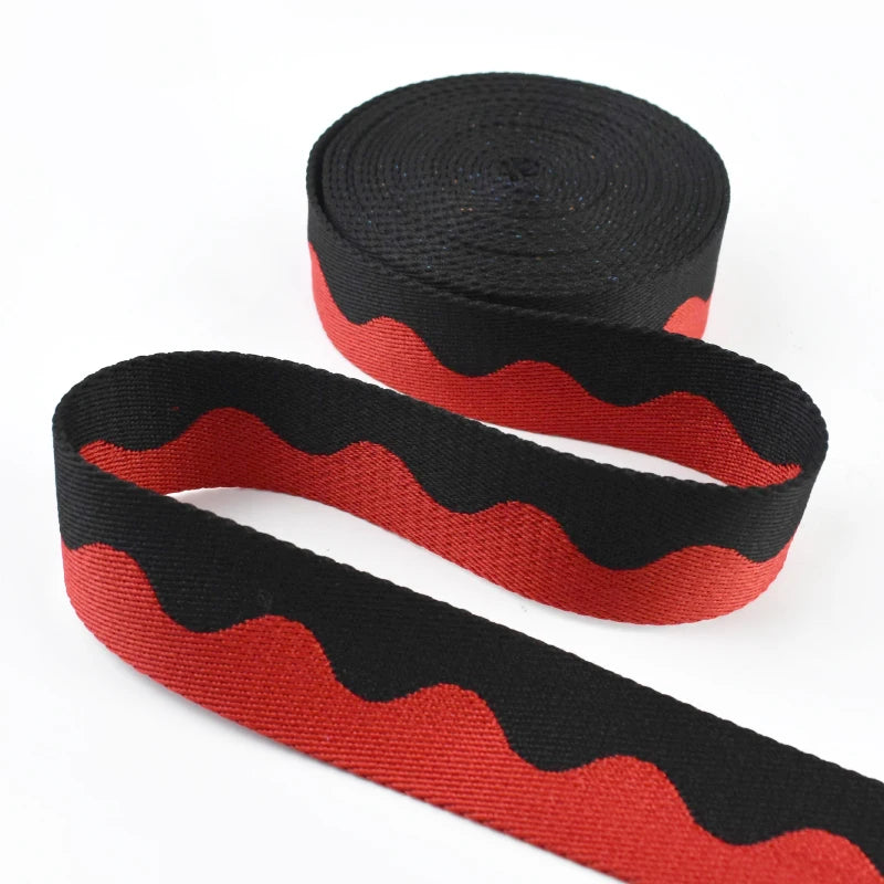 ruban polyester 38mm large rayures ondulées moderne rouge noir bleu blanc jaune orange marron
