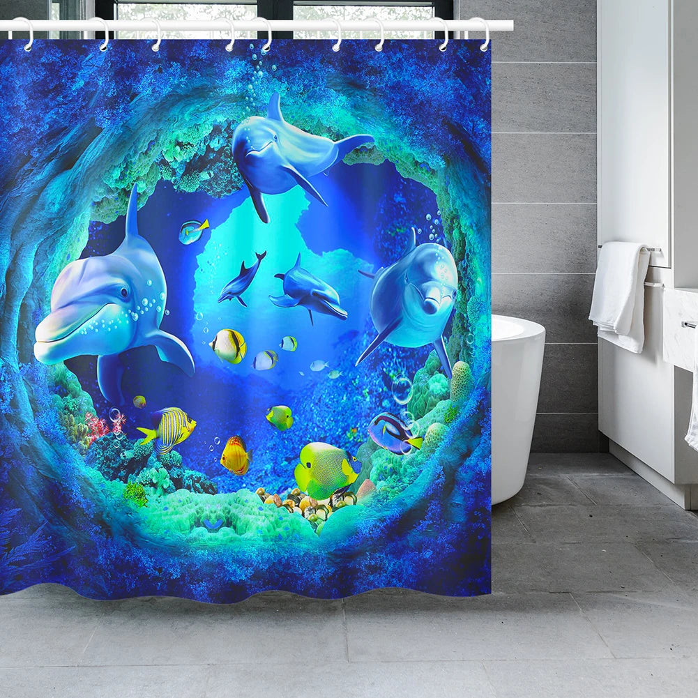 rideau douche dauphins sous marin polyester moderne 12 crochets poisson corail enfant océan bleu