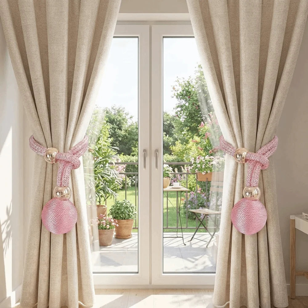 rideaux sangles ajustables pendentif boule dorée attache simple moderne coton polyester beige gris marron