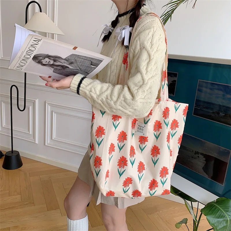 sac main femme toile florale motif fleurs rouge décontracté polyvalent doux polyester