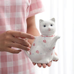 théière céramique forme chat motifs floraux tasses fleurs figurine chat blanc rouge bleu