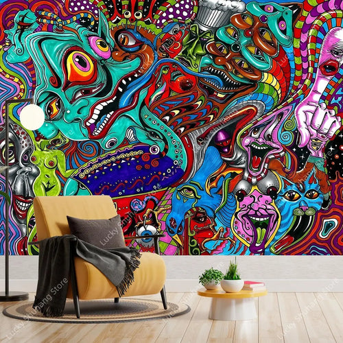 tapisserie murale art psychédélique créatures fantastiques couleurs néon décor chambre moderne pop art