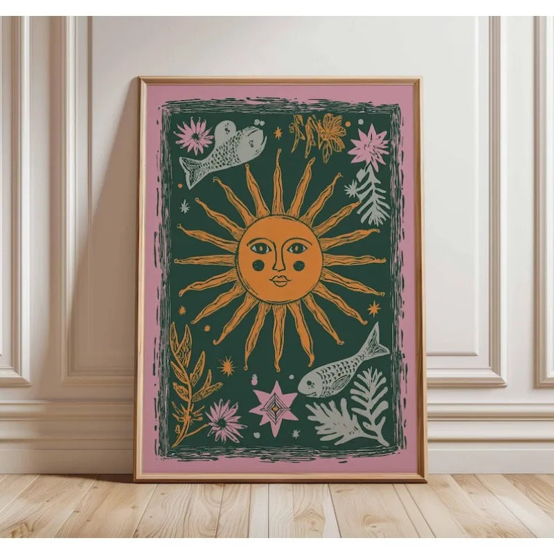affiche abstraite soleil lune bohème art mural moderne salon chambre verte dorée roseclair floral