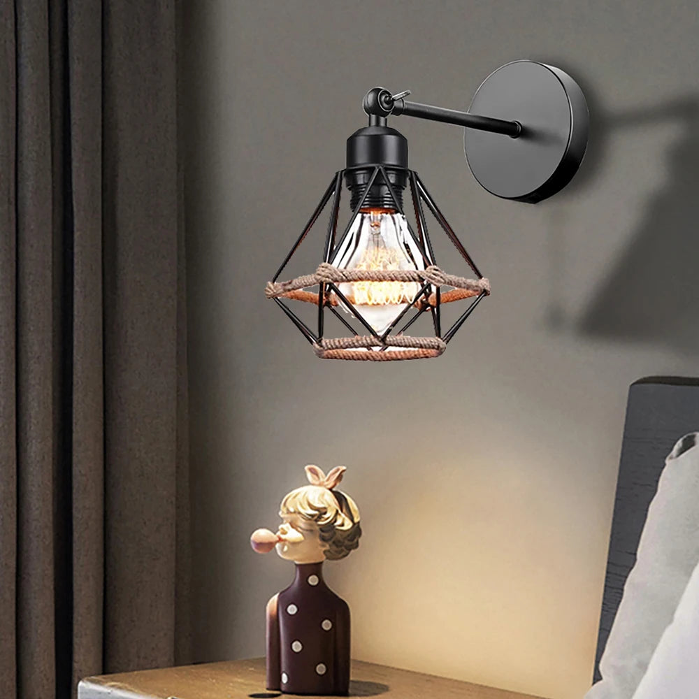 lampe murale industrielle cage métal noir ampoule filament corde éclairage chambre salon étude salle