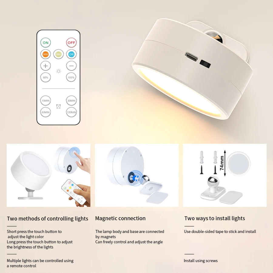 lampe murale led moderne télécommande rechargeable blanc noir 360deg rotation tactileRGBOptimal
