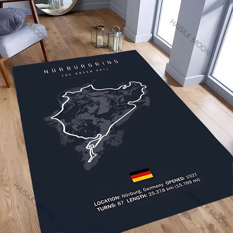 tapis sol noir motif circuit course automobile décoration moderne salon chambre maison