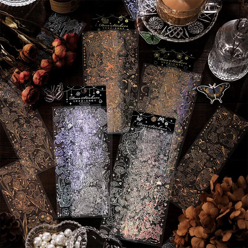étiquettes décoratives artisanales adhésives papillons strass floral romantique or noir blanc rose vert bleu