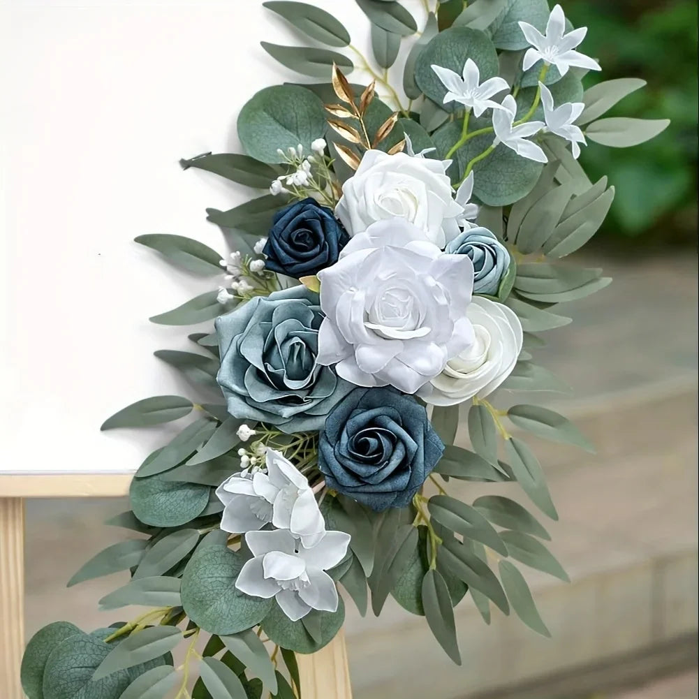 décorations florales artificielles mariage bleu roses feuilles eucalyptus extérieur romantique champêtre
