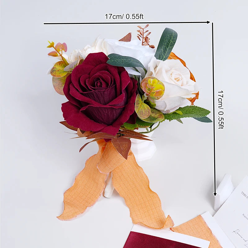 Bouquet artificiel fleurs velours rouge blanc orange vert classique adhésif ruban carte blanche