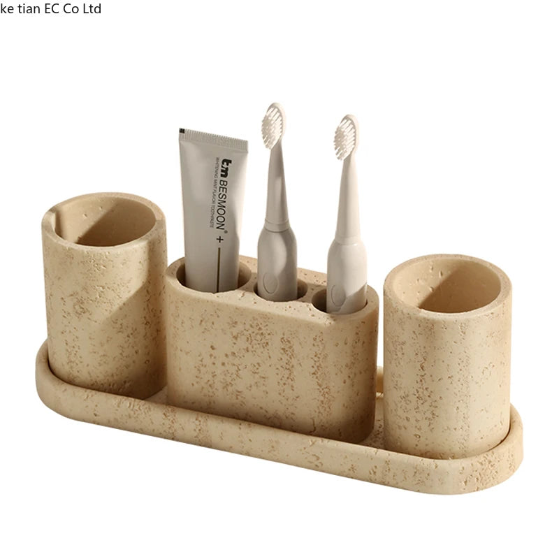 ensemble salle bain moderne beige clair brosse dents tube dentifrice distributeur savon tasses résine