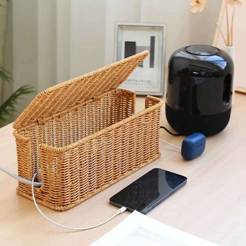 organisateur câbles rotin tressé boîte rangement moderne rustique bohème 31.5cm 13cm 13cm