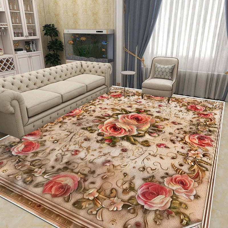 Ce tapis floral vintage et élégant, avec ses motifs de roses et de fleurs, apporte une touche de charme et de sophistication à ce salon cosy et confortable.