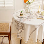 nappe table lin broderie végétale feuilles branches tassellettes classique beigeclair réutilisable machineextérieurhôtelmarriages