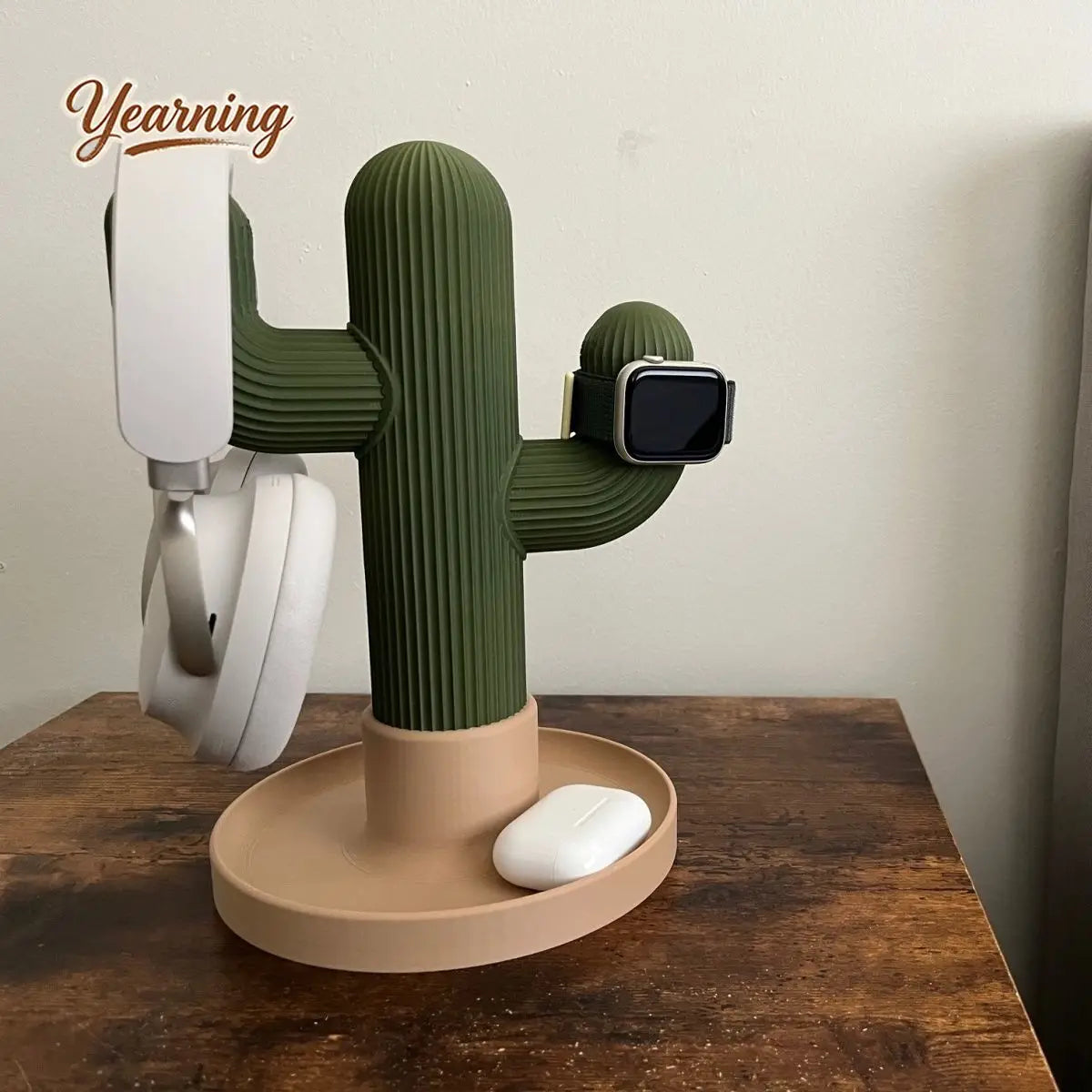 support casque montre connectée cactus forme décorative vert foncé plateau lisse minimaliste stockage respectueux