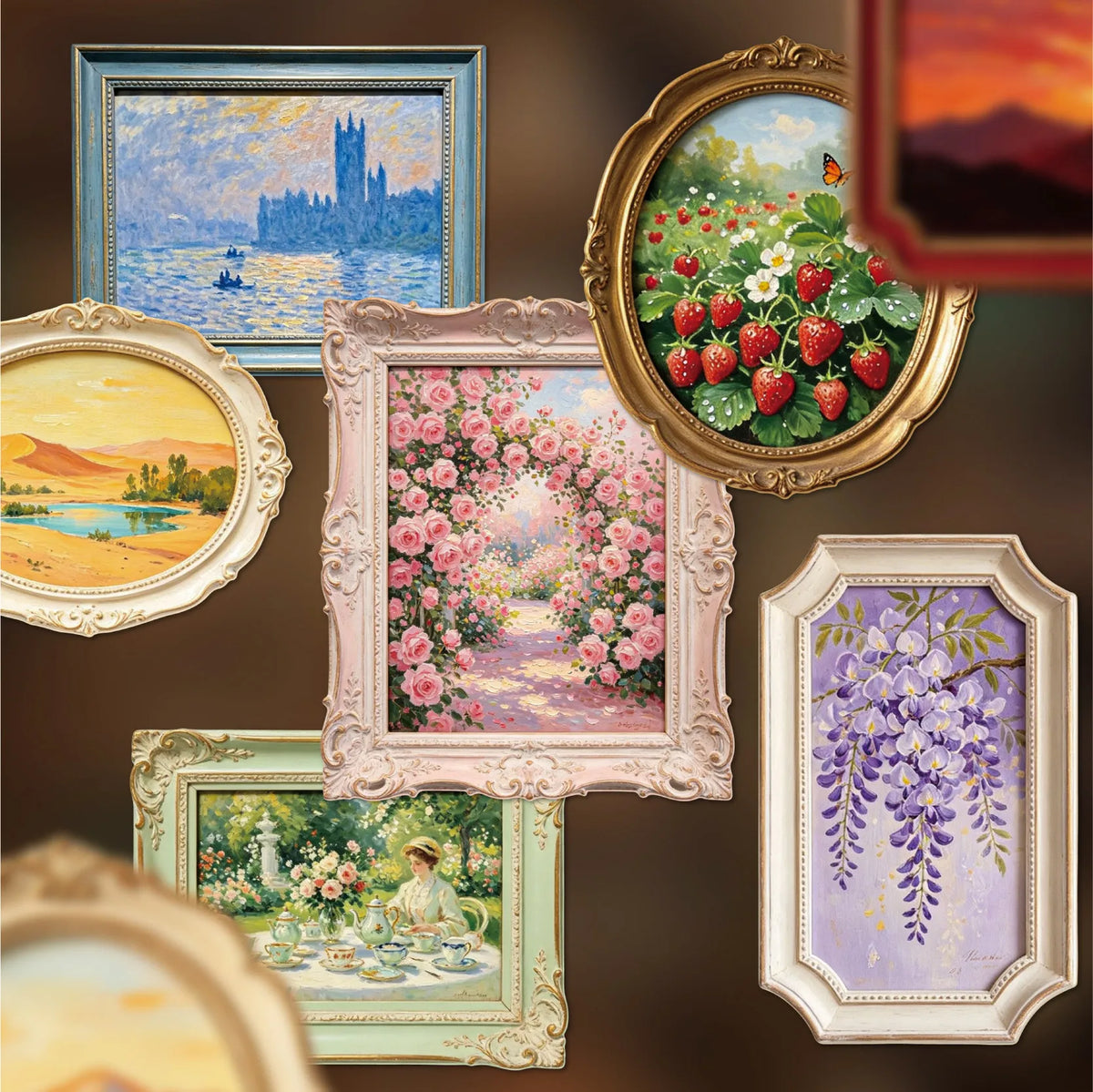 cadres dorés paysages fleurs animaux classiques romantiques opaques vintage européens bleu vert rose blanc