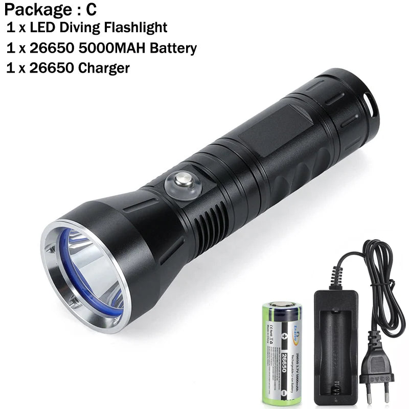 lampe poche plongée led 30w 3000lumens étanche 100m rechargeable tactique robuste