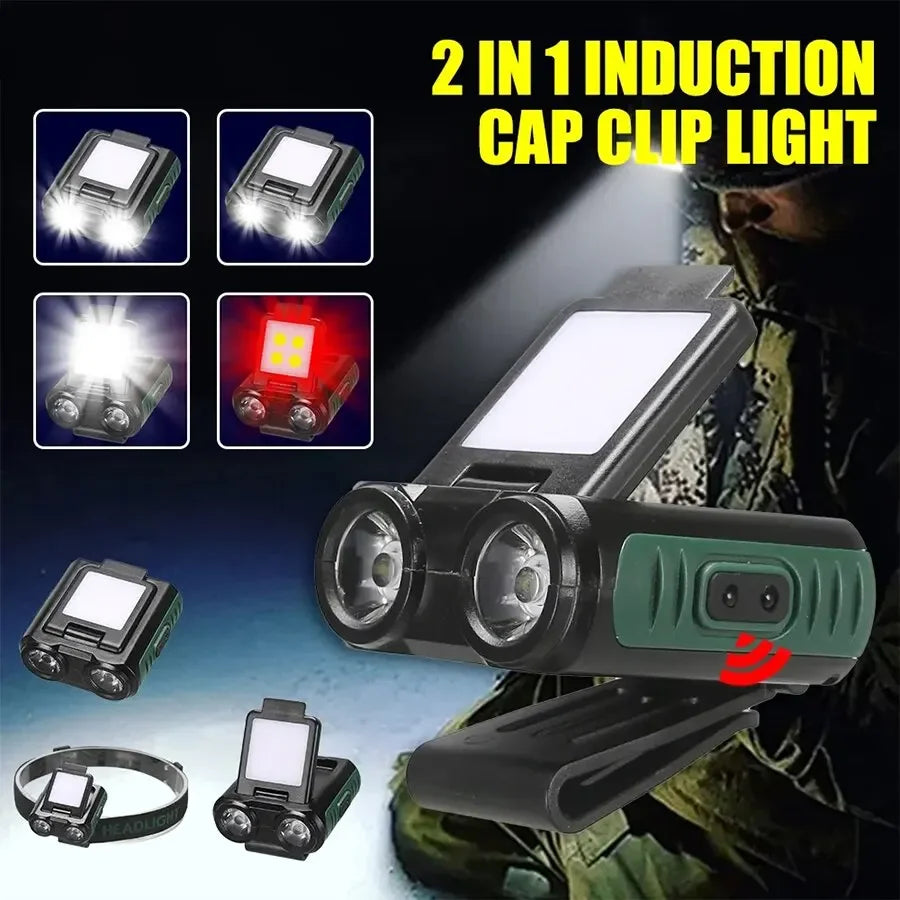 lampe frontale led rechargeable clip headband deux modes lumiere blanche rouge camping pêche