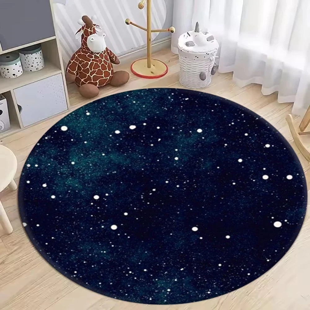 tapis rond moderne étoiles dorées bleu nuit noir blanc anti dérapant polyesterextérieur chambre