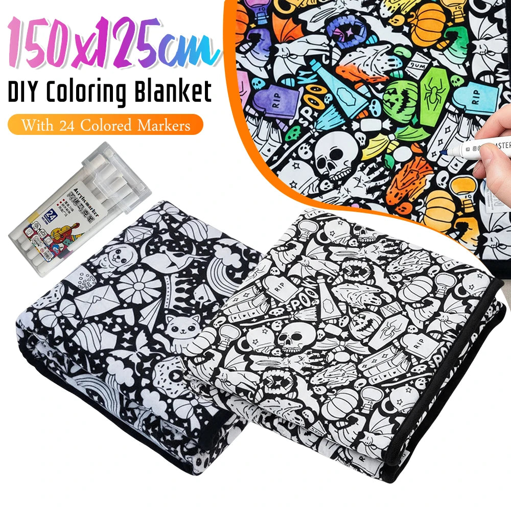 couverture colorier motif animal géométrique moderne 24 marqueurs acryliques 150x125cm