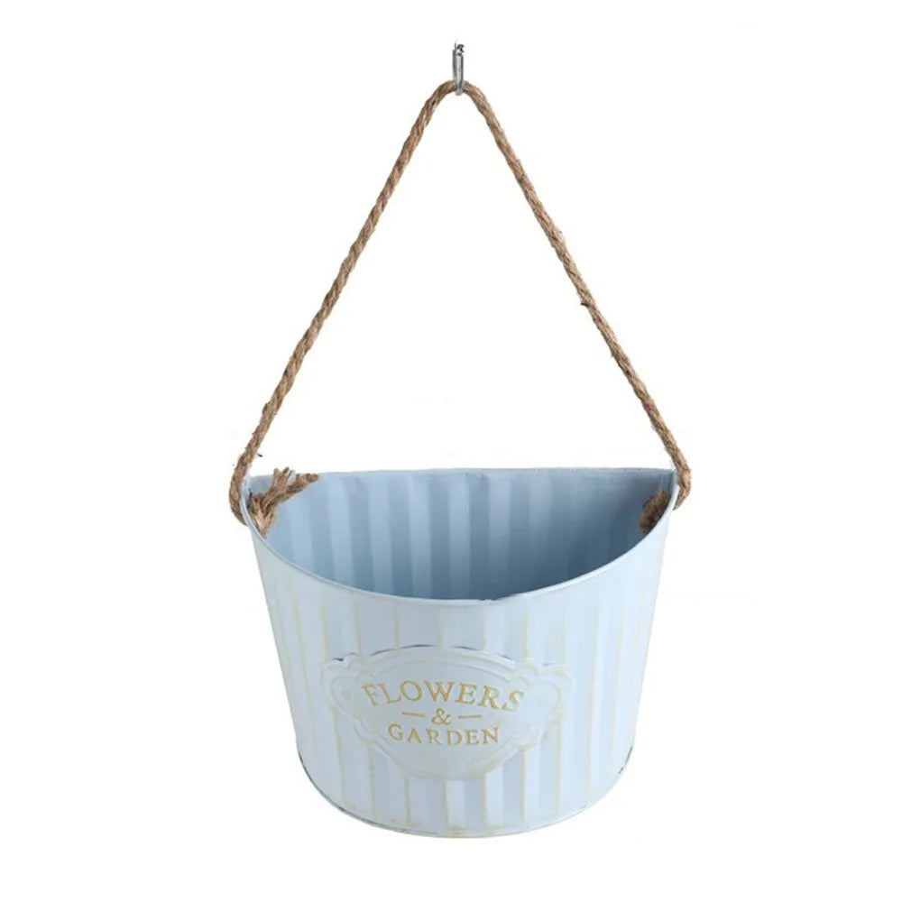 pots fleurs suspendus vintage bleu clair rayures flowers garden rustique beige opaques