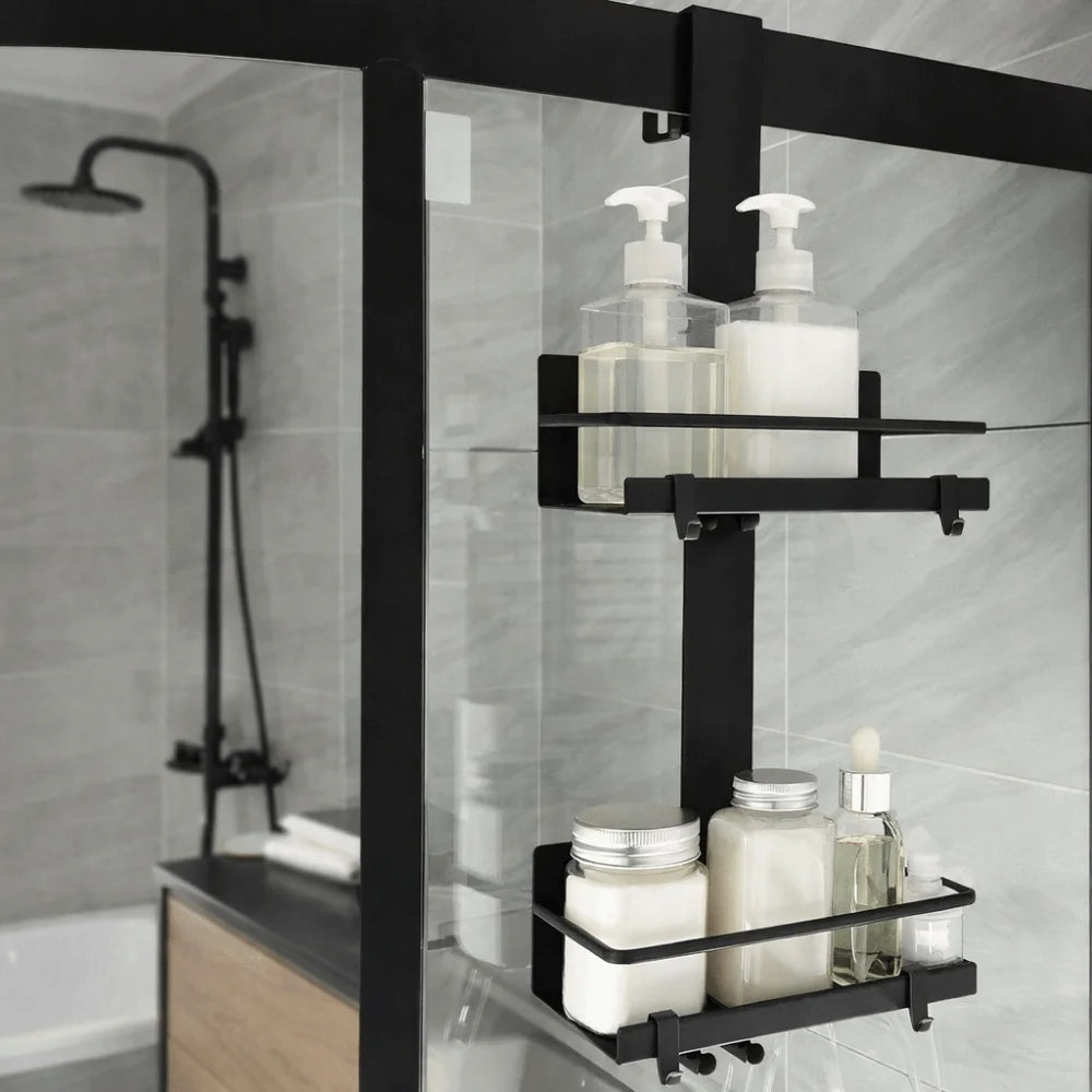 étagère salle bain moderne adhésive noire imperméable distributeurs savon gel crème double single layer