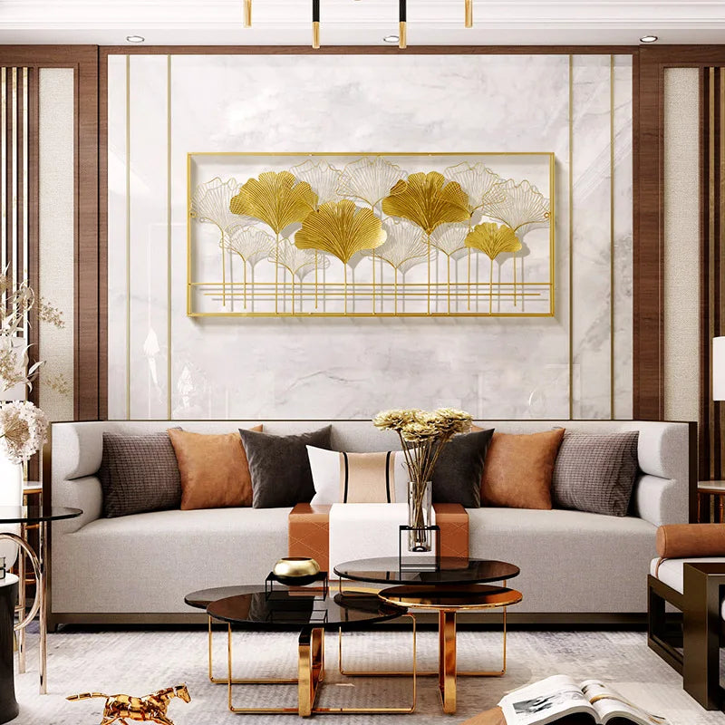 décoration murale métal feuilles ginkgo or noir moderne élégante art asiatique fixations chambre coucher