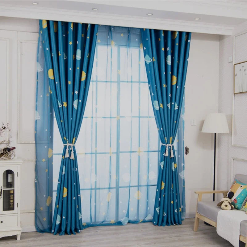 rideau planètes bleu étoiles moderne opacité ruban fixation chambre enfant bleu jaune blanc