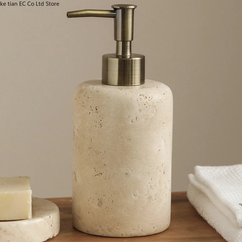 ensemble salle bain pierre naturelle moderne distributeur savon porte brosse dents plateau carré minimaliste