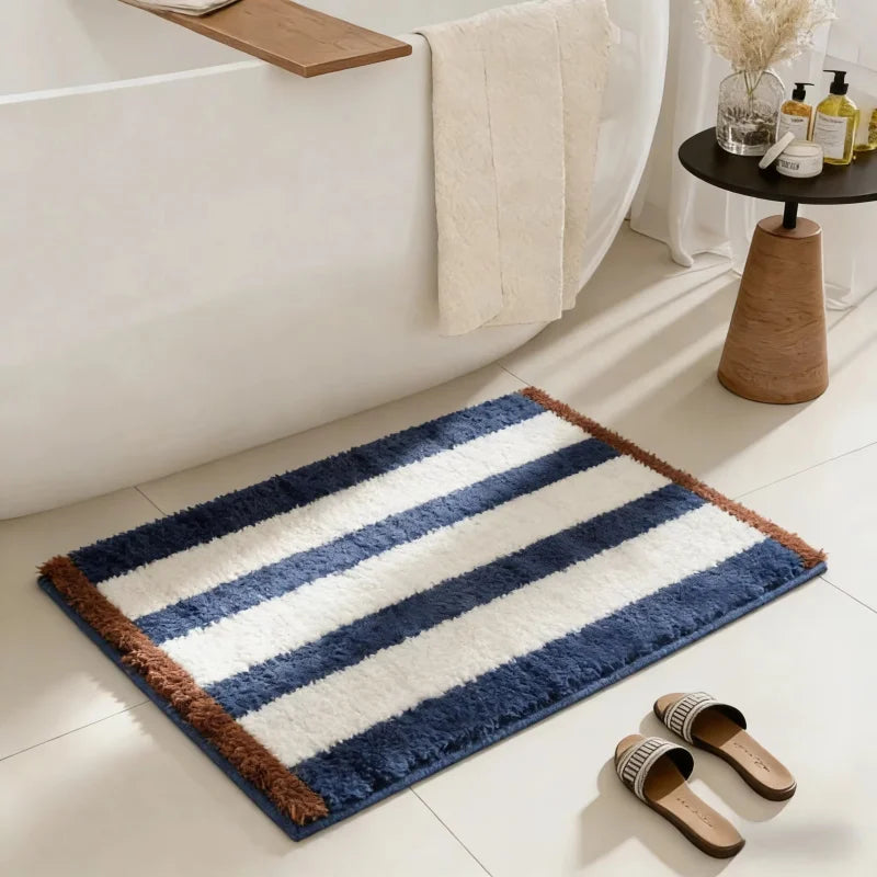 tapis bain moderne rayé bleu clair blanc marron antidérapant résistant décoloration 40x60cm 50x80cm