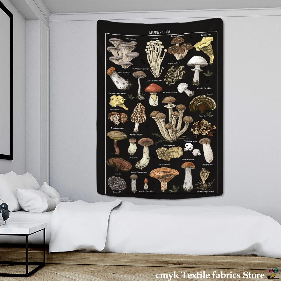 tapisserie murale tissée champignons noirs vintage décoration chambre sorcellerie bohème polyester rectangle