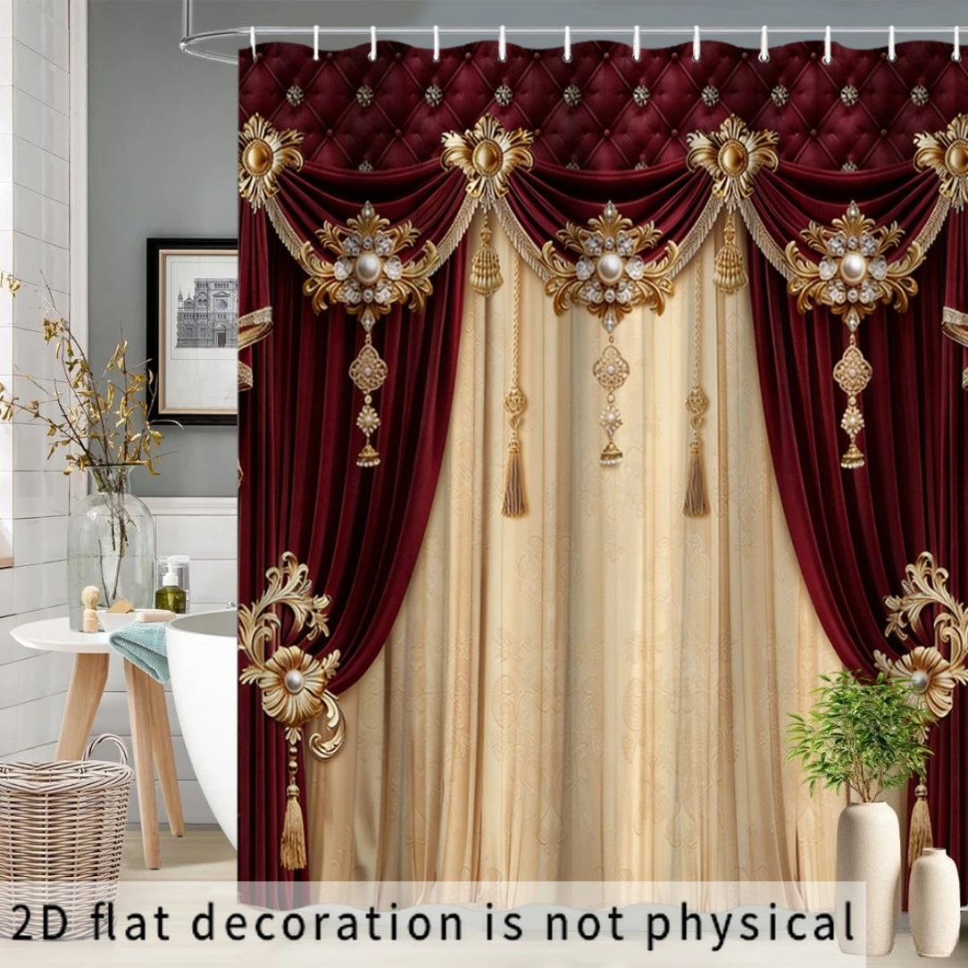 rideau douche rouge bordeaux texture satinée ornements dorés élégant crochet opacité classique polyester