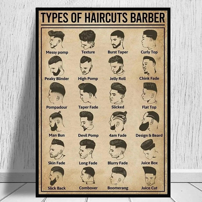 affiche coiffures barbier illustration vintage toile cadre noir salon décoration maison cadeau horizontal