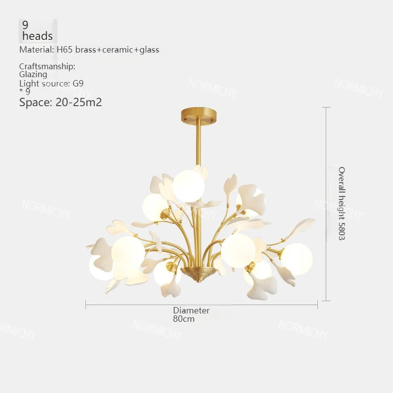 lampe suspendue contemporaine or blanc fleurs opalescente 10 têtes chaîne neutre