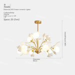 lampe suspendue contemporaine or blanc fleurs opalescente 10 têtes chaîne neutre