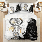 ensemble literie motif ethnique blanc noir plumes dorées housses couette deux taies oreillers abstrait