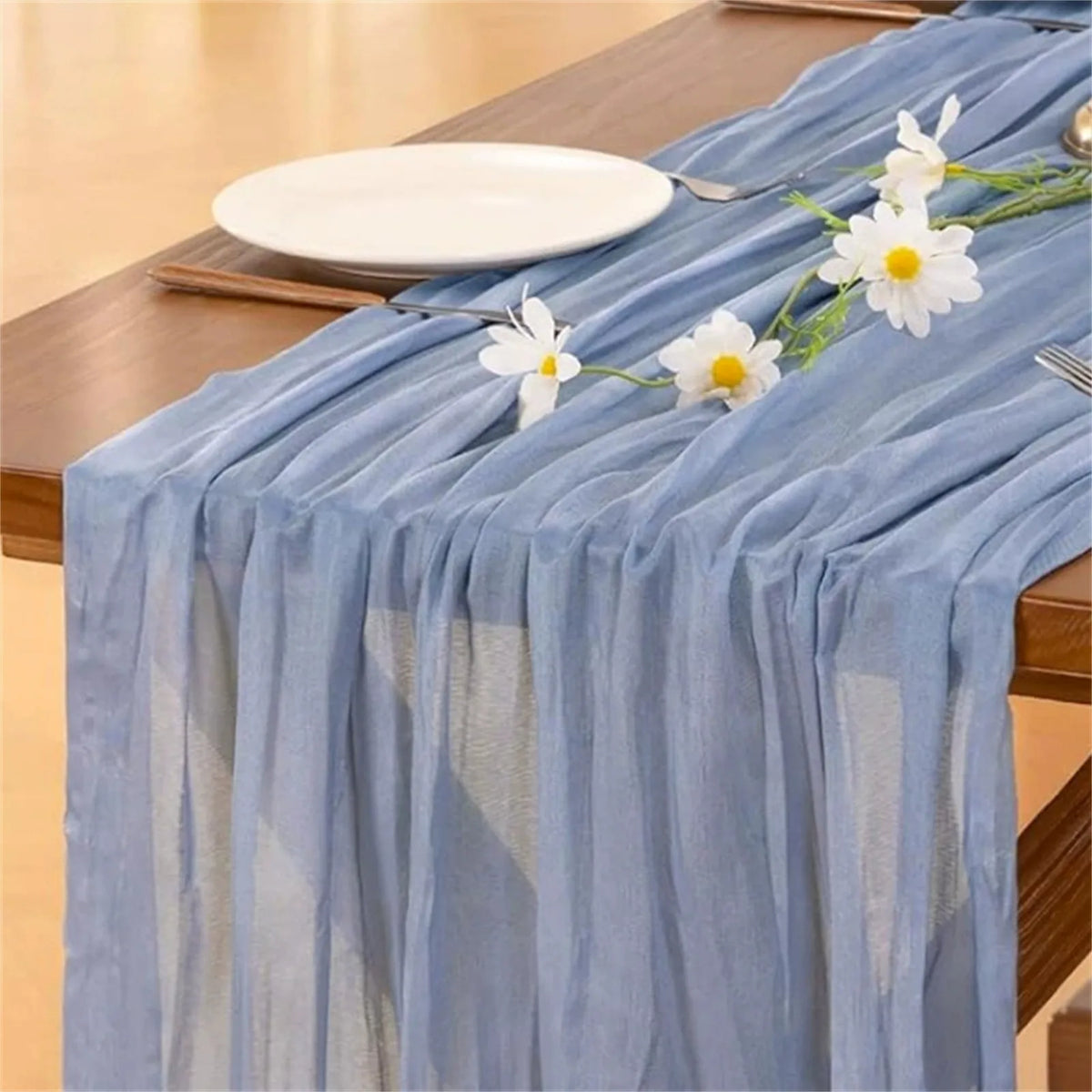 table chemin moderne élégant bleu clair jaune violet rose crêpe plissé polyester coton voile