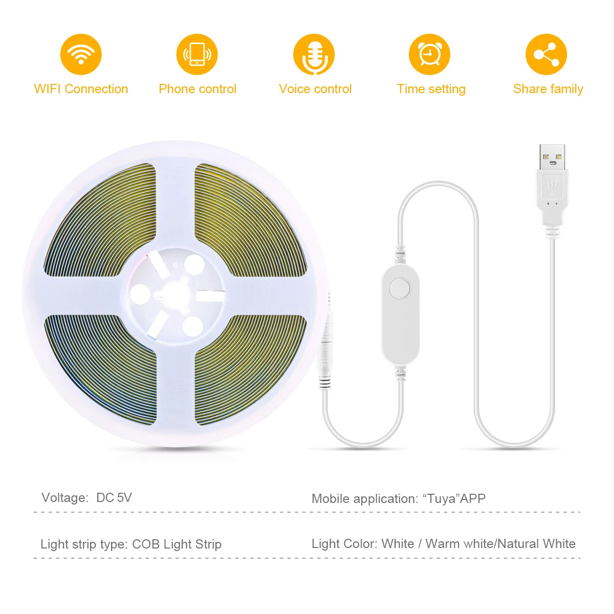Ruban led cob blanc blanc chaud adhésif dimmable application tuya moderne contrôlabile alexa google