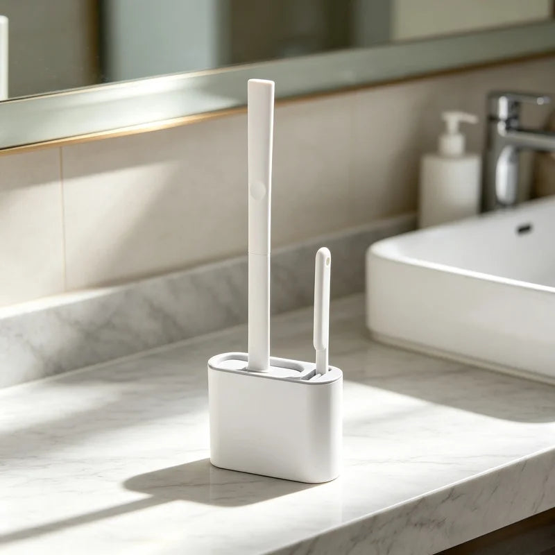 brosse wc adhésive support double adhésif poils doux moderne salle bain blanc